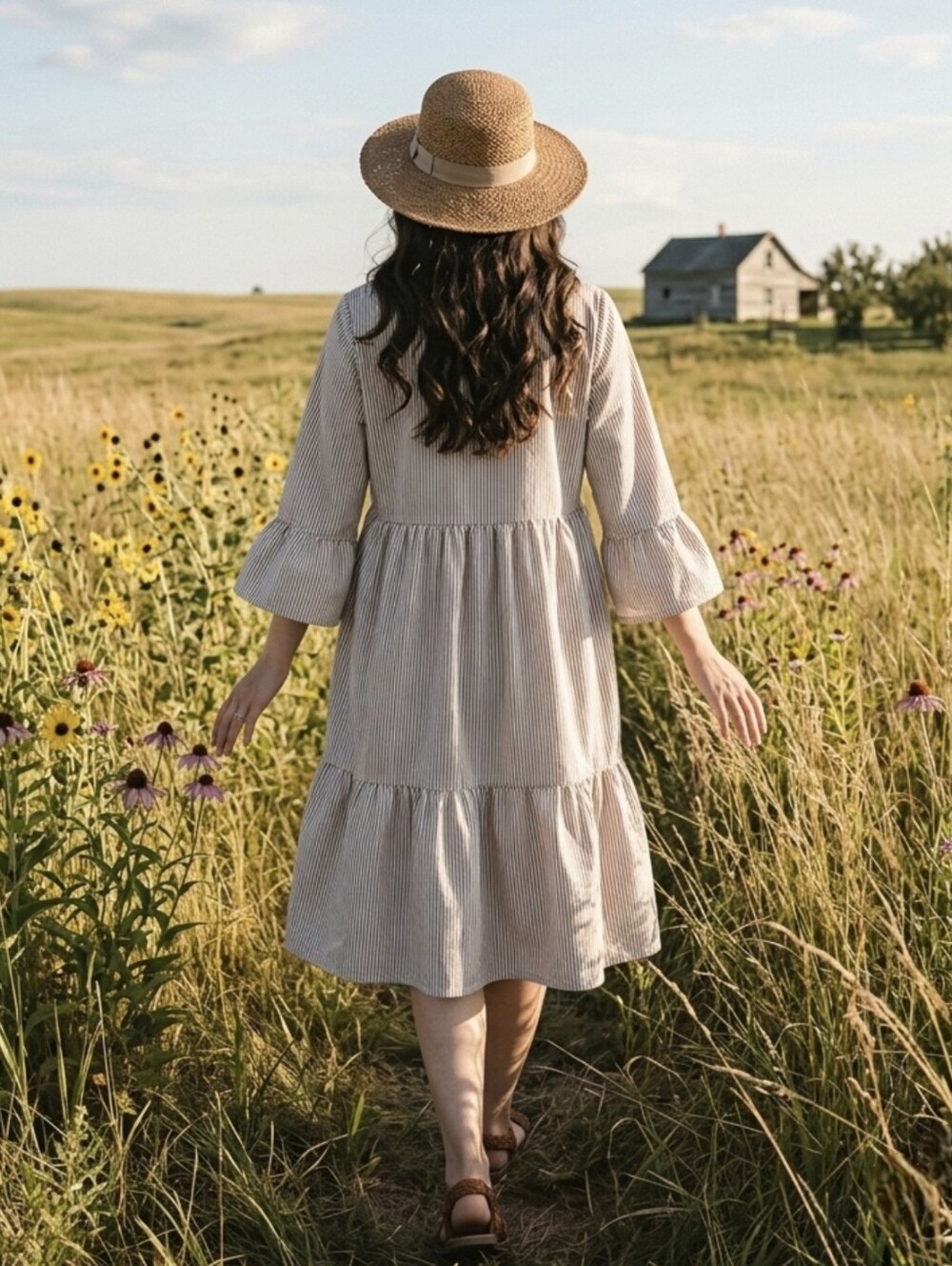 FIMARSTED Prairie-Style Tiered Dress – Beige & White Fine Stripes , Size L - Picture 13 of 13